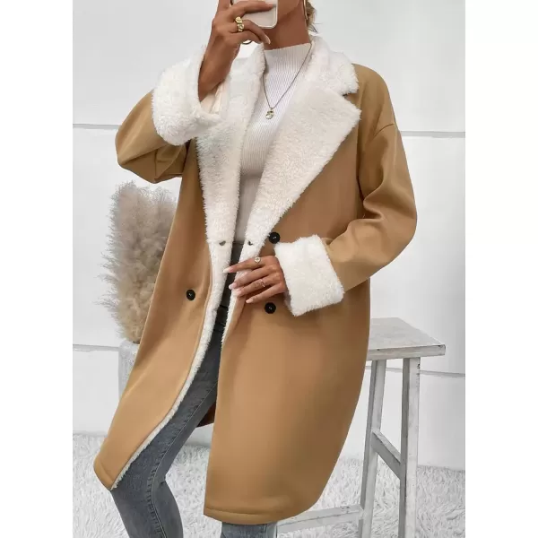 imagechouyatou Womens Winter Warm Sherpa Lined Wool Coat Double Breasted Midi Long Wool Pea Coat OvercoatCamel