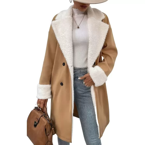 imagechouyatou Womens Winter Warm Sherpa Lined Wool Coat Double Breasted Midi Long Wool Pea Coat OvercoatCamel