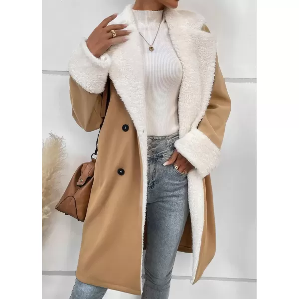 imagechouyatou Womens Winter Warm Sherpa Lined Wool Coat Double Breasted Midi Long Wool Pea Coat OvercoatCamel