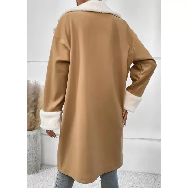 imagechouyatou Womens Winter Warm Sherpa Lined Wool Coat Double Breasted Midi Long Wool Pea Coat OvercoatCamel