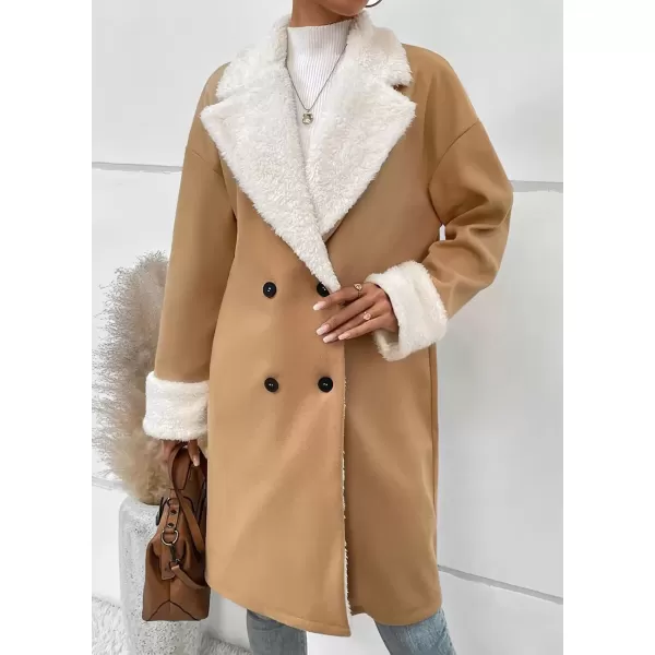 imagechouyatou Womens Winter Warm Sherpa Lined Wool Coat Double Breasted Midi Long Wool Pea Coat OvercoatCamel