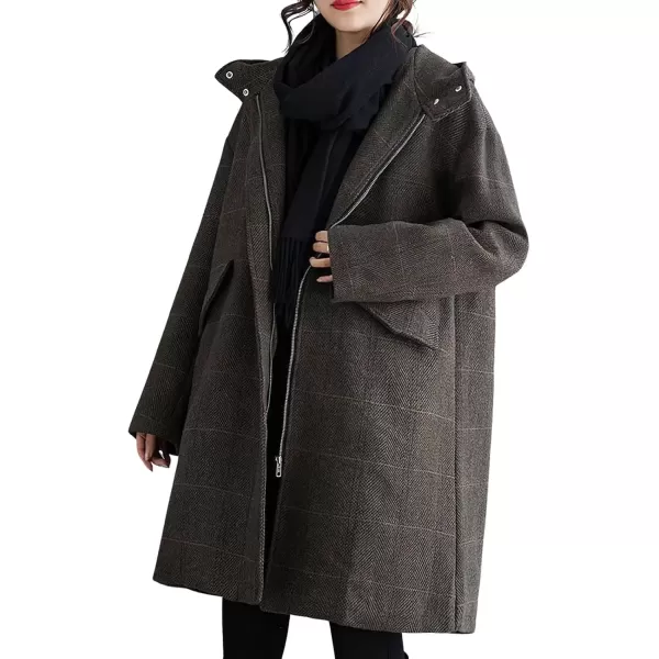 imagechouyatou Womens Wool Coat with Hood Casual Zip Up Plaid Wool Blend Trench Coat JacketCoffee