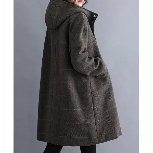 imagechouyatou Womens Wool Coat with Hood Casual Zip Up Plaid Wool Blend Trench Coat JacketCoffee
