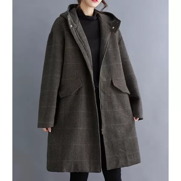 imagechouyatou Womens Wool Coat with Hood Casual Zip Up Plaid Wool Blend Trench Coat JacketCoffee