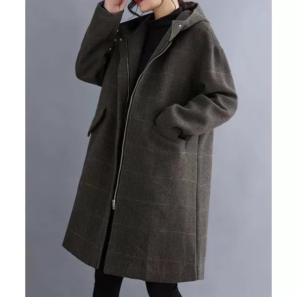 imagechouyatou Womens Wool Coat with Hood Casual Zip Up Plaid Wool Blend Trench Coat JacketCoffee