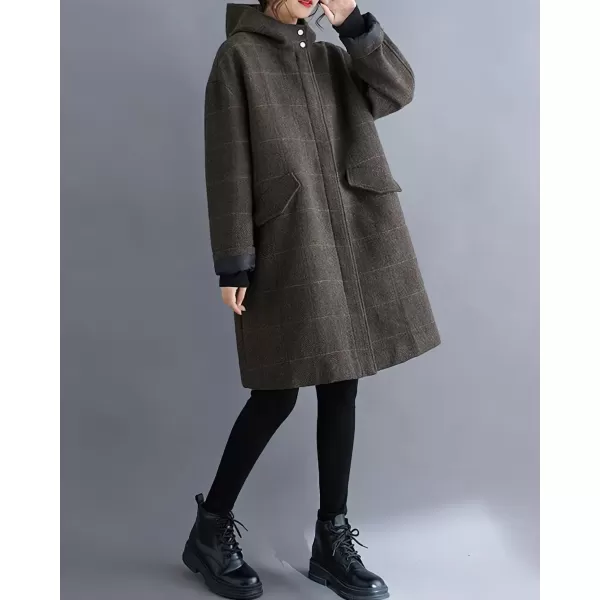 imagechouyatou Womens Wool Coat with Hood Casual Zip Up Plaid Wool Blend Trench Coat JacketCoffee