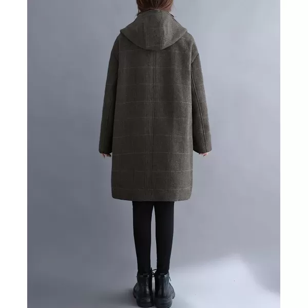 imagechouyatou Womens Wool Coat with Hood Casual Zip Up Plaid Wool Blend Trench Coat JacketCoffee