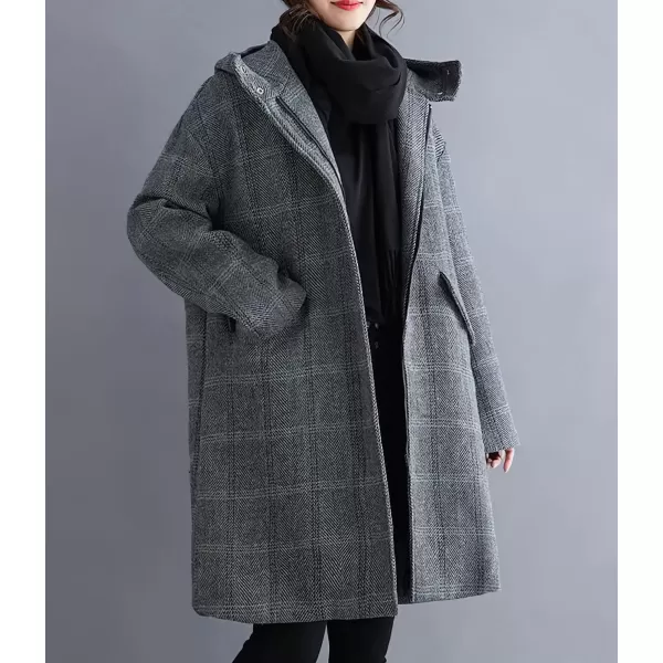 imagechouyatou Womens Wool Coat with Hood Casual Zip Up Plaid Wool Blend Trench Coat JacketGray