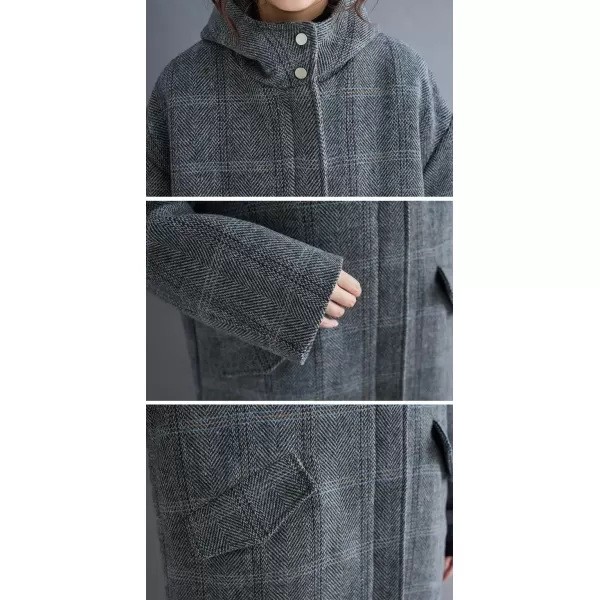 imagechouyatou Womens Wool Coat with Hood Casual Zip Up Plaid Wool Blend Trench Coat JacketGray