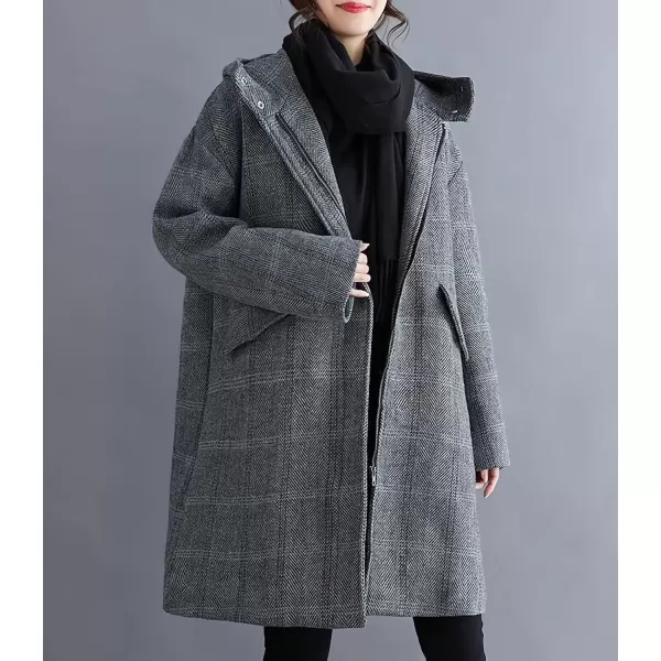 imagechouyatou Womens Wool Coat with Hood Casual Zip Up Plaid Wool Blend Trench Coat JacketGray
