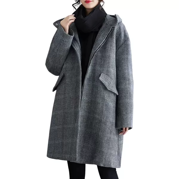 imagechouyatou Womens Wool Coat with Hood Casual Zip Up Plaid Wool Blend Trench Coat JacketGray
