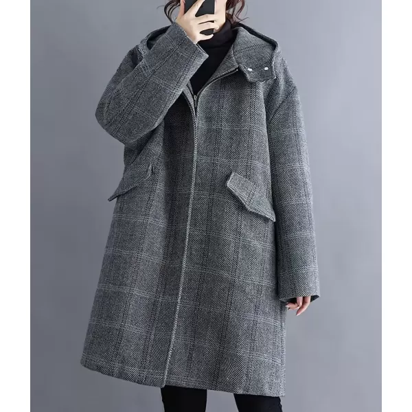 imagechouyatou Womens Wool Coat with Hood Casual Zip Up Plaid Wool Blend Trench Coat JacketGray