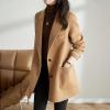 imagechouyatou Womens Fall Winter Wool Blend Coat Notched Collar Single Breasted Blazer Trench Coat with BeltLight Brown