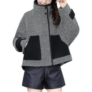 imagechouyatou Womens Casual Notched Collar Wool Blend Trench Coat Zip Up Wave Stripe Loose Short Blazer CoatGrey