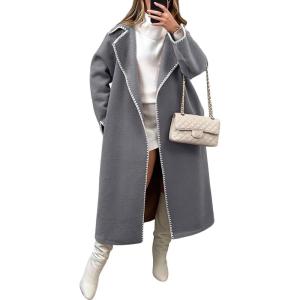 imagechouyatou Womens Elegant Embroidered Wool Coat Open Front Winter Long Wool Trench Coat OvercoatGrey