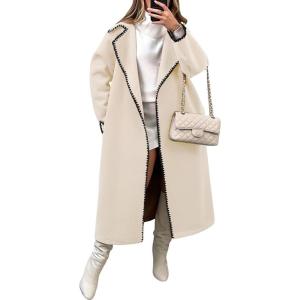 imagechouyatou Womens Elegant Embroidered Wool Coat Open Front Winter Long Wool Trench Coat OvercoatKhaki