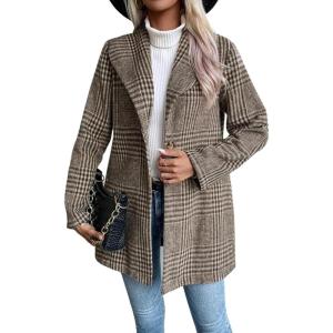 imagechouyatou Womens Elegant Shawl Collar Wool Coat Vintage Plaid Wool Blend Trench Pea CoatBrown