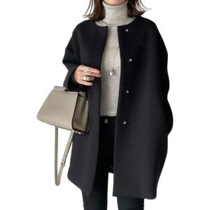 imagechouyatou Womens Fall Collarless Single Breasted Midi Long Wool Coat Business Casual Winter Pea CoatBlack