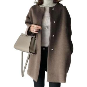imagechouyatou Womens Fall Collarless Single Breasted Midi Long Wool Coat Business Casual Winter Pea CoatBrown