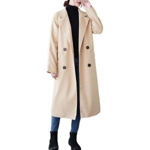 imagechouyatou Womens Fall Winter Notch Lapel Double Breasted Long Wool Pea Coat Overcoat with BeltApricot