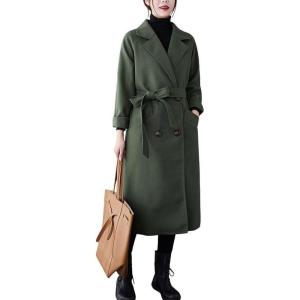 imagechouyatou Womens Fall Winter Notch Lapel Double Breasted Long Wool Pea Coat Overcoat with BeltArmy Green