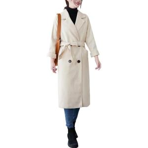 imagechouyatou Womens Fall Winter Notch Lapel Double Breasted Long Wool Pea Coat Overcoat with BeltBeige
