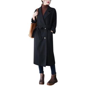 imagechouyatou Womens Fall Winter Notch Lapel Double Breasted Long Wool Pea Coat Overcoat with BeltBlack