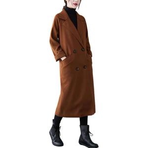 imagechouyatou Womens Fall Winter Notch Lapel Double Breasted Long Wool Pea Coat Overcoat with BeltCaramel