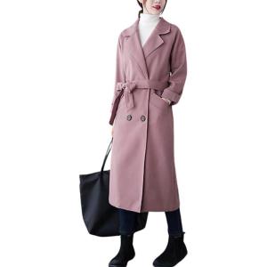 imagechouyatou Womens Fall Winter Notch Lapel Double Breasted Long Wool Pea Coat Overcoat with BeltDusty Pink