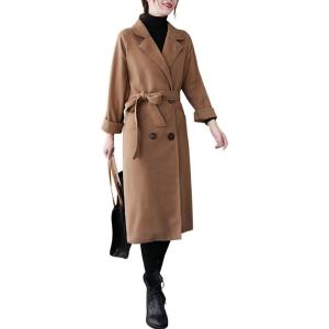 imagechouyatou Womens Fall Winter Notch Lapel Double Breasted Long Wool Pea Coat Overcoat with BeltKhaki