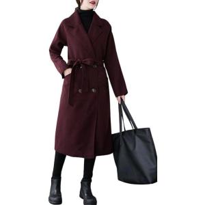 imagechouyatou Womens Fall Winter Notch Lapel Double Breasted Long Wool Pea Coat Overcoat with BeltWine Red