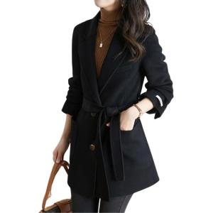 imagechouyatou Womens Fall Winter Wool Blend Coat Notched Collar Single Breasted Blazer Trench Coat with BeltBlack