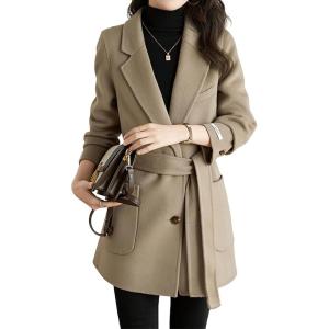imagechouyatou Womens Fall Winter Wool Blend Coat Notched Collar Single Breasted Blazer Trench Coat with BeltKhaki