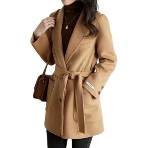 imagechouyatou Womens Fall Winter Wool Blend Coat Notched Collar Single Breasted Blazer Trench Coat with BeltLight Brown