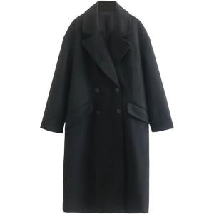 imagechouyatou Womens Winter Warm Notch Lapel Double Breasted Long Wool Coat OvercoatBlack