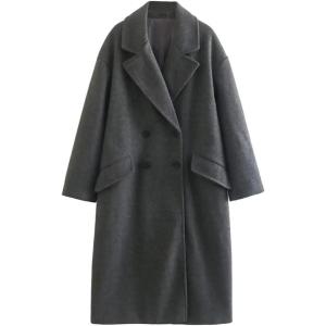 imagechouyatou Womens Winter Warm Notch Lapel Double Breasted Long Wool Coat OvercoatGrey