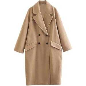 imagechouyatou Womens Winter Warm Notch Lapel Double Breasted Long Wool Coat OvercoatKhaki