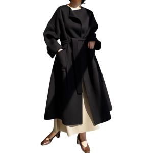 imagechouyatou Womens Winter Wool Coat Open Front Collarless Business Casual Midi Long Wool Trench CoatBlack