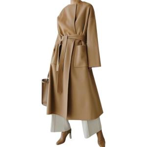 imagechouyatou Womens Winter Wool Coat Open Front Collarless Business Casual Midi Long Wool Trench CoatKhaki