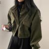 imagechouyatou Womens Stand Collar Wool Blend Cropped Trench Coat Button Front Short Jacket Coat with pocketsArmy Green