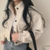 imagechouyatou Womens Stand Collar Wool Blend Cropped Trench Coat Button Front Short Jacket Coat with pocketsBeige