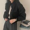 imagechouyatou Womens Stand Collar Wool Blend Cropped Trench Coat Button Front Short Jacket Coat with pocketsBlack
