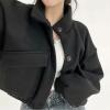 imagechouyatou Womens Stand Collar Wool Blend Cropped Trench Coat Button Front Short Jacket Coat with pocketsBlack