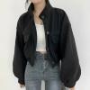 imagechouyatou Womens Stand Collar Wool Blend Cropped Trench Coat Button Front Short Jacket Coat with pocketsBlack