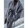 imagechouyatou Womens Winter Collarless Wool Coat Contrast Color Oversized Winter Woolen Overcoat with BeltGrey