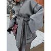 imagechouyatou Womens Winter Collarless Wool Coat Contrast Color Oversized Winter Woolen Overcoat with BeltGrey
