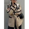 imagechouyatou Womens Winter Wool Jacket Contrast Color Business Casual Oversized Winter Wool Coat with BeltLight Khaki