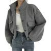 imagechouyatou Womens Stand Collar Wool Blend Cropped Trench Coat Button Front Short Jacket Coat with pocketsGrey