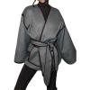 imagechouyatou Womens Winter Collarless Wool Coat Contrast Color Oversized Winter Woolen Overcoat with BeltGrey