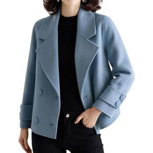 imagechouyatou Womens Casual Business Wool Blend Trench Coat Loose Double Breasted Dressy Blazer Pea CoatBlue